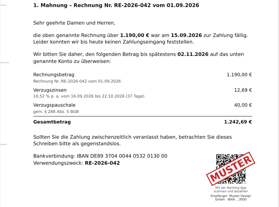 Beispiel: Mahnung mit QR-Code (GiroCode) zum Bezahlen neben der Bankverbindung